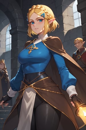 Standing,grab torch (score_9, score_8_up, score_7_up),masterpiece, high-quality,perfect anatomy, expressive eyes, perfect face,((background is dark dungeon)) ,zelda\(princess\),Blonde hair, short hair, crown braid, hairclip, pointy ears, brown cape, blue shirt, puffy sleeves, long sleeves, fingerless gloves, black gloves, black pants, tight pants