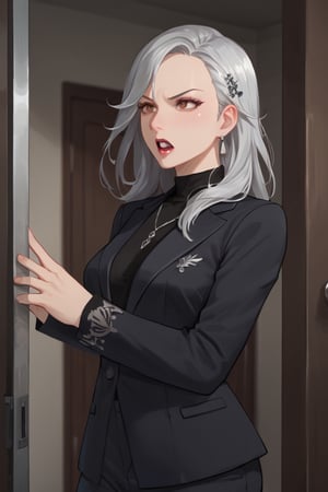 Standing,open door,angry, open mouth,finger point viewer, (score_9, score_8_up, score_7_up),masterpiece, high-quality,perfect anatomy, expressive eyes,(perfect face),((in room)),saeniijima,makeup, milf,largebreast, lipstick,silver hair, hair ornament, brown eyes,suits style, black jacket, long sleeves, black sweater, turtleneck sweater, black pants, earrings, necklace