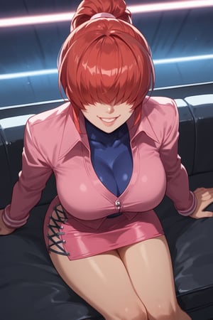 Sitting on sofa,crossing legs, smile,(score_9, score_8_up, score_7_up),perfect anatomy, expressive eyes, perfect face,neon lights,((background is night club)) ,SHERMIECLAS,red hair,(( hair over eyes)), split ponytail, clothing cutout, skirt,pink jacket,pink skirt, leotard, long sleeves,large breasts,SHERMIEXV,from above 