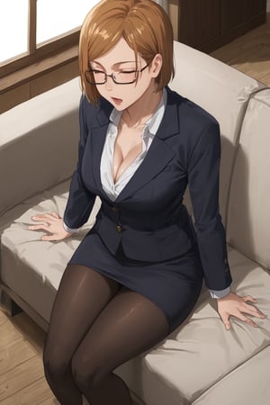 Sitting sofa, blush, sleep with drunk,closed eyes, half open mouth, (score_9, score_8_up, score_7_up),masterpiece, high-quality,perfect anatomy, expressive eyes,(perfect face),((in moody hotel room)), kugisaki nobara, brown hair, brown eyes,glasses, office suits,jacket,white collerdshirts,notie,collarbone,cleavage,mini skirt, black pantyhose, panties, from above 