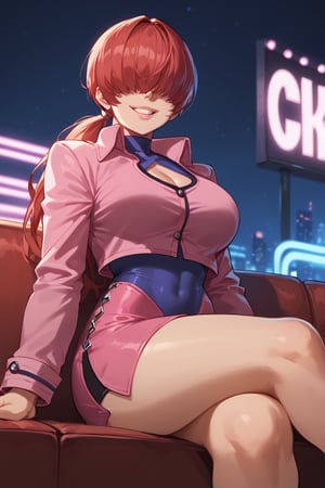 Sitting on sofa,crossing legs, smile,(score_9, score_8_up, score_7_up),perfect anatomy, expressive eyes, perfect face,neon lights,((background is night club)) ,SHERMIECLAS,red hair,(( hair over eyes)), split ponytail, clothing cutout, skirt,pink jacket,pink skirt, leotard, long sleeves,large breasts,SHERMIEXV,from below 