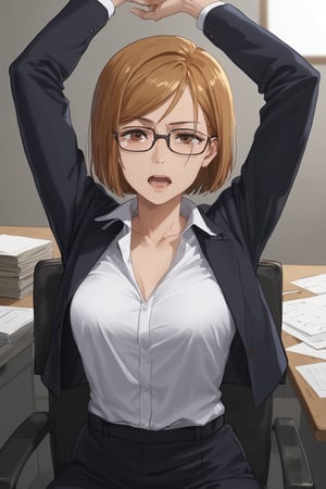 Sitting chair, half closed eyes, tears, open mouth, ((stretch oneself)), ((hands up)),(score_9, score_8_up, score_7_up),masterpiece, high-quality,perfect anatomy, expressive eyes,(perfect face),((in office)), kugisaki nobara, brown hair, brown eyes,glasses, office suits,jacket, white shirts,no tie,collarbone chest up shot,arms up, stretching