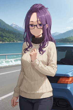 Standing by car,wave hand, (score_9, score_8_up, score_7_up),masterpiece, high-quality,perfect anatomy, expressive eyes,(perfect face),((background is mountain)) ,sakura kagamihara, long hair, purple eyes, purple hair, glasses, black-framed eyewear, bangs pinned back,long sleeves, sweater, turtleneck, ribbed sweater, turtleneck sweater, pants, denims, solo