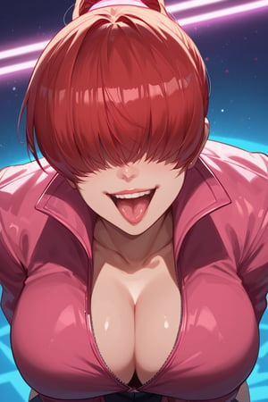 Open mouth tangue out, smile,(score_9, score_8_up, score_7_up),perfect anatomy, expressive eyes, perfect face,neon lights,((background is night club)) ,SHERMIECLAS,red hair,(( hair over eyes)), split ponytail,pink jacket,large breasts,SHERMIEXV,from above, face close-up 