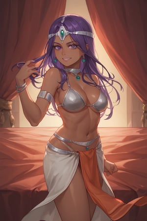 Pov dancing,smile, back shot, (score_9, score_8_up, score_7_up),masterpiece, high-quality,perfect anatomy, expressive eyes,(perfect face),darkness,((on old stage)), dqManya, purple hair, circlet, earrings, choker, bracelet, armlet, bikini, loincloth,dark skin ,from behind 