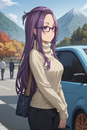 Standing by car, (score_9, score_8_up, score_7_up),masterpiece, high-quality,perfect anatomy, expressive eyes,(perfect face),((background is mountain)) ,sakura kagamihara, long hair, purple eyes, purple hair, glasses, black-framed eyewear, bangs pinned back,long sleeves, sweater, turtleneck, ribbed sweater, turtleneck sweater, pants, denims,from side 