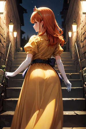 Step stairs, ((highly detailed)),((perfect anatomy)),masterpiece,scenery,intricately detailed, hyperdetailed, blurry background, depth of field, best quality, intricate details,  tonemapping, sharp focus, hyper detailed, high 1res, ((at night)),((in dark cave stairs)) ,dqLaura,orange hair, tiara, necklace, yellow dress,long skirt, elbow gloves,panties,from behind below 