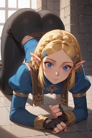 Crawling floor, all fours,surprised eyes, closed mouth, (score_9, score_8_up, score_7_up),masterpiece, high-quality,perfect anatomy, expressive eyes, perfect face,((background is dark dungeon)) ,zelda\(princess\),Blonde hair, short hair, crown braid, hairclip, pointy ears, brown cape, blue shirt, puffy sleeves, long sleeves, fingerless gloves, black gloves, black pants, tight pants,hip shot ,from behind 