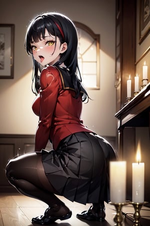Girl Squatting, ((best quality)),  ((highly detailed)), perfect anatomy, masterpiece,scenery,intricately detailed, hyperdetailed, blurry background, depth of field, best quality, masterpiece, intricate details, tonemapping, sharp focus, hyper detailed, high 1res, ,aayukiko,black long hair,((golden eyes)),open mouth,saliva trail,school uniform, red cardigan, black skirt, black pantyhose,in dark room,back ground one candle light,mesugaki, 