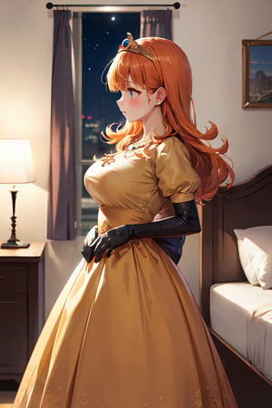 Standing front bed, blush,cross arms on breast, ((highly detailed)),((perfect anatomy)),masterpiece,scenery,intricately detailed, hyperdetailed, blurry background, depth of field, best quality, intricate details,  tonemapping, sharp focus, hyper detailed, high 1res, ((at night)),((in dark bedroom)) ,dqLaura,orange hair, tiara, necklace, yellow dress,long skirt, elbow gloves,looking away 