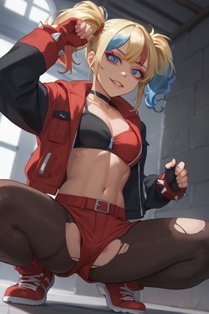 Squatting,grinning, (score_9, score_8_up, score_7_up),masterpiece, high-quality,perfect anatomy, expressive eyes,(perfect face),((in dark Warehouse)),isekaiharley, makeup, eyeshadow, twintails,open clothes, two-tone jacket, cropped jacket, black jacket, red jacket, bra, red gloves, fingerless gloves, red shorts, black shorts, torn pantyhose, black choker, spiked bracelet, midriff, from below 