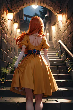 Step stairs, ((highly detailed)),((perfect anatomy)),masterpiece,scenery,intricately detailed, hyperdetailed, blurry background, depth of field, best quality, intricate details,  tonemapping, sharp focus, hyper detailed, high 1res, ((at night)),((in dark cave stairs)) ,dqLaura,orange hair, tiara, necklace, yellow dress,long skirt, elbow gloves,panties,from behind below 