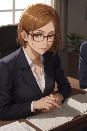 Sitting chair,speak with another, (score_9, score_8_up, score_7_up),masterpiece, high-quality,perfect anatomy, expressive eyes,(perfect face),((in office)), kugisaki nobara, brown hair, brown eyes,glasses, office suits,no tie,collarbone chest up shot,