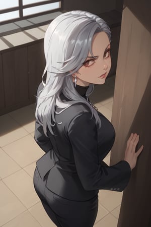 Standing by behind wall, angry, (score_9, score_8_up, score_7_up),masterpiece, high-quality,perfect anatomy, expressive eyes,(perfect face),((in room)),saeniijima,makeup, milf,largebreast, lipstick,silver hair, hair ornament, brown eyes,suits style, black jacket, long sleeves, black sweater, turtleneck sweater, black pants, earrings, necklace,back shot, from behind,from above 