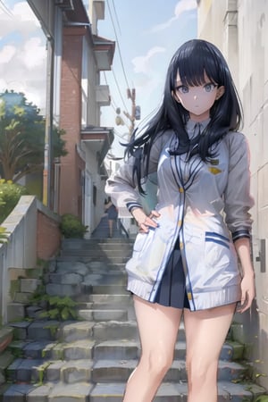 female high-school student, (high-school uniform),long-sleeve,  (((Navy blue Long skirt))), ((middle black hair)), fancy heavy eye , large Thigh, school stair ,high-quality, masterpiece, ultra-detailed 