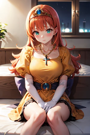 Sitting on bed, blush,cross arms on breast, ((highly detailed)),((perfect anatomy)),masterpiece,scenery,intricately detailed, hyperdetailed, blurry background, depth of field, best quality, intricate details,  tonemapping, sharp focus, hyper detailed, high 1res, ((at night)),((in dark bedroom)) ,dqLaura,orange hair, tiara, necklace, yellow dress,long skirt, elbow gloves,looking away ,from away 