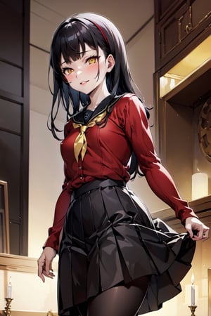 ((best quality)),  ((highly detailed)), perfect anatomy, masterpiece,scenery,intricately detailed, hyperdetailed, blurry background, depth of field, best quality, masterpiece, intricate details, tonemapping, sharp focus, hyper detailed, high 1res, ,aayukiko,black long hair,((golden eyes)),school uniform,black skirt, black pantyhose,in dark room,one candle light,mesugaki, 