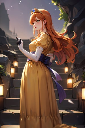 Standing stairs, angry, ((highly detailed)),((perfect anatomy)),masterpiece,scenery,intricately detailed, hyperdetailed, blurry background, depth of field, best quality, intricate details,  tonemapping, sharp focus, hyper detailed, high 1res, ((at night)),((in dark cave stairs)) ,dqLaura,orange hair, tiara, necklace, yellow dress,long skirt, elbow gloves,panties,from below 