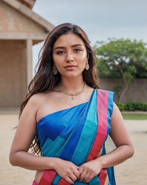 Indian, curvy, Kerala girl, well shaped, fair looking, most beautiful, beauty,,((highly detailed face)), (wearing a simple necklace, nose ring, earrings), ((wearing top sleeve blouse and saree)),outdoors , standing on floor, in discipline , perfect pose , ((seductive smile:0.7)), ((tiny bindi on forehead)), 
(perfect female body), (thicc biceps), 
hourglass body shape, (clad) ,(full dressed), (fully clothed), (covered) , little chubby body, ((())), ((looking at viewer)), (face close up view),((portrait view)) ((highly detailed skin, little skin hairs)),,((brownish skin colour)), , (thicc curvy body ),(),(slim, ),, (( )),(highly detailed),(big perky chest:1.3), (fully_clothed), (),
((highly detailed skin, little skin hairs)),((highly detailed skin pores)),((8k,UHD skin detail)),
{{{highly realistic detailed face}}} 
shot by the camera,smiling, picture,photo by Wayne Pinkston, bright light, bright picture,realistic,raw,analog,portrait,photorealistic,analog,realism,real picture,clear picture,detailed face, clear face,cuteness, brightness,Detailedface detailed, (((face close up view))), ((portrait view)) ,RAW photo, 4k, masterpiece, high res, (extremely intricate),(photorealistic:1.4), high quality, best quality, uhd, realism, Ultra realistic, 16k, photo-realistic, realistic, dslr,photorealistic, 24mm, f1.8,natural hair,finely detailed skin,perfect hands, ,extremely detailed, beautiful detailed eyes, photo, real,realistic, perfect pose, portrait quality face, depth of field, 4k masterpiece, Highres, High Quality, Hi-Definition, Best Quality, perfect,front view,8k, intricate, masterpiece, Highres, High Quality, Hi-Definition, Best Quality,