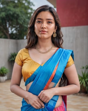 Indian, curvy, Kerala girl, well shaped, fair looking, most beautiful, beauty, (()),(highly detailed face), (wearing a simple necklace, nose ring, earrings), ((wearing top blouse and saree)),outdoors , standing on floor, in discipline , perfect pose , ((seductive smile:0.7)), ((bindi on forehead)), (bindiya), 
(perfect female body), (thicc biceps), 
hourglass body shape, (clad) ,(full dressed), (fully clothed), (covered) , little chubby body, ((())), ((looking at viewer)), (face close up view),((portrait view)) ((highly detailed skin, little skin hairs)),,((brownish skin colour)), , (thicc curvy body ),(),(slim body),, (( )),(highly detailed),(big perky chest:1.3), (fully_clothed), (),
((highly detailed skin, little skin hairs)),((highly detailed skin pores)),((8k,UHD skin detail)),
{{{highly realistic detailed face}}} 
shot by the camera,smiling, picture,photo by Wayne Pinkston, bright light, bright picture,realistic,raw,analog,portrait,photorealistic,analog,realism,real picture,clear picture,detailed face, clear face,cuteness, brightness,Detailedface detailed, (((face close up view))), ((portrait view)) ,RAW photo, 4k, masterpiece, high res, (extremely intricate),(photorealistic:1.4), high quality, best quality, uhd, realism, Ultra realistic, 16k, photo-realistic, realistic, dslr,photorealistic, 24mm, f1.8,natural hair,finely detailed skin,perfect hands, ,extremely detailed, beautiful detailed eyes, photo, real,realistic, perfect pose, portrait quality face, depth of field, 4k masterpiece, Highres, High Quality, Hi-Definition, Best Quality, perfect,front view,8k, intricate, masterpiece, Highres, High Quality, Hi-Definition, Best Quality,