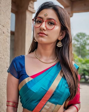 Indian, curvy, Kerala girl, well shaped, fair looking, most beautiful, beauty, ((wearing glasses)),(highly detailed perfect sunglasses), (wearing a simple necklace, nose ring, earrings), ((wearing top sleeve blouse and saree)),outdoors , standing on floor, in discipline , perfect pose , ((seductive smile:0.7)), ((tiny bindi on forehead)), 
(perfect female body), 
hourglass body shape, (clad) ,(full dressed), (fully clothed), (covered) , little chubby body, ((())), ((looking at viewer)), (face close up view),((portrait view)) ((highly detailed skin, little skin hairs)),,((brownish skin colour)), , (thicc curvy ),(),(slim, ),, (( )),(highly detailed),(big perky chest:1.3), (fully_clothed), (),
((highly detailed skin, little skin hairs)),((highly detailed skin pores)),((8k,UHD skin detail)),
{{{highly realistic detailed face}}} 
shot by the camera,smiling, picture,photo by Wayne Pinkston, bright light, bright picture,realistic,raw,analog,portrait,photorealistic,analog,realism,real picture,clear picture,detailed face, clear face,cuteness, brightness,Detailedface detailed, (((face close up view))), ((portrait view)) ,RAW photo, 4k, masterpiece, high res, (extremely intricate),(photorealistic:1.4), high quality, best quality, uhd, realism, Ultra realistic, 16k, photo-realistic, realistic, dslr,photorealistic, 24mm, f1.8,natural hair,finely detailed skin,perfect hands, ,extremely detailed, beautiful detailed eyes, photo, real,realistic, perfect pose, portrait quality face, depth of field, 4k masterpiece, Highres, High Quality, Hi-Definition, Best Quality, perfect,front view,8k, intricate, masterpiece, Highres, High Quality, Hi-Definition, Best Quality,