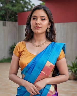 Indian, curvy, Kerala girl, well shaped, fair looking, most beautiful, beauty, (()),(highly detailed face), (wearing a simple necklace, nose ring, earrings), ((wearing top blouse and saree)),outdoors , standing on floor, in discipline , perfect pose , ((seductive smile:0.7)), ((tiny bindi on forehead)), 
(perfect female body), (thicc biceps), 
hourglass body shape, (clad) ,(full dressed), (fully clothed), (covered) , little chubby body, ((())), ((looking at viewer)), (face close up view),((portrait view)) ((highly detailed skin, little skin hairs)),,((brownish skin colour)), , (thicc curvy body ),(),(slim body),, (( )),(highly detailed),(big perky chest:1.3), (fully_clothed), (),
((highly detailed skin, little skin hairs)),((highly detailed skin pores)),((8k,UHD skin detail)),
{{{highly realistic detailed face}}} 
shot by the camera,smiling, picture,photo by Wayne Pinkston, bright light, bright picture,realistic,raw,analog,portrait,photorealistic,analog,realism,real picture,clear picture,detailed face, clear face,cuteness, brightness,Detailedface detailed, (((face close up view))), ((portrait view)) ,RAW photo, 4k, masterpiece, high res, (extremely intricate),(photorealistic:1.4), high quality, best quality, uhd, realism, Ultra realistic, 16k, photo-realistic, realistic, dslr,photorealistic, 24mm, f1.8,natural hair,finely detailed skin,perfect hands, ,extremely detailed, beautiful detailed eyes, photo, real,realistic, perfect pose, portrait quality face, depth of field, 4k masterpiece, Highres, High Quality, Hi-Definition, Best Quality, perfect,front view,8k, intricate, masterpiece, Highres, High Quality, Hi-Definition, Best Quality,