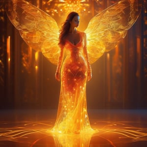 a beautiful full body translucent woman, bright color, points of internal light all over the body, amber style light, complex illustration, Mysterious