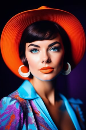 60's Vintage photo of beautiful cowboy shot of French girl with retro 60's short hair chanel cut style wearing dress RETRO psychedelic graphic colorful mini dress, (she has big breasts) , teeth, lips gloss, red lips, silver hair, wide hip, (model posing body to side looking to camera hands on chest:1.5),  (no illumination from front:1.5), (illuminated from left back of strong blue light and orange from right back spotlight:1.5), hyper dramatic low angle camera angle stylish photo, (60's TV's  music show studio background using much smoke machine and spotlights on background:1.5),  purple and blue strong spotlights lens flare on backgroung, (the camera dutch angle:1.5), photo use  wide angle 14mm focal distance, aperture 3.8, deep of filed, bokeh  