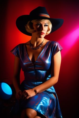 60's Vintage photo of beautiful cowboy shot of French girl with retro 60's short hair chanel cut style wearing dress RETRO psychedelic graphic colorful mini dress, (she has big breasts) , teeth, lips gloss, red lips, silver hair, wide hip, (model posing body to side looking to camera hands on chest:1.5),  (no illumination from front:1.5), (illuminated from left back of strong blue light and orange from right back spotlight:1.5), hyper dramatic low angle camera angle stylish photo, (60's TV's  music show studio background using much smoke machine and spotlights on background:1.5),  purple and blue strong spotlights lens flare on backgroung, (the camera dutch angle:1.5), photo use  wide angle 14mm focal distance, full aperture 1.8, deep of filed, bokeh  