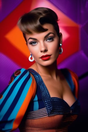 50's Vintage photo of beautiful cowboy shot of French girl with retro 60's short hair chanel cut style wearing dress RETRO psychedelic graphic colorful mini dress, (she has big breasts) , teeth, lips gloss, red lips, silver hair, wide hip, (model posing body to side looking to camera hands on chest:1.5),  (no illumination from front:1.5), big earrings, whole body, (illuminated from left back of strong blue light and orange from right back spotlight:1.5), hyper dramatic low angle camera angle stylish photo, (60's TV's  music show studio background using much smoke machine and spotlights on background:1.5),  purple and blue strong spotlights lens flare on backgroung, (the camera dutch angle:1.5), photo use  wide angle 14mm focal distance, full aperture 1.8, deep of filed, bokeh  