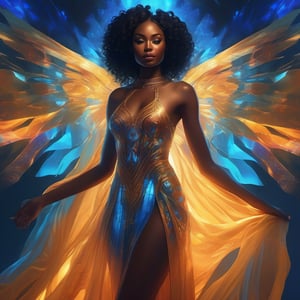 a beautiful full body translucent black woman, very cute face, bright color, points of internal light all over the body, amber and blue style light, complex illustration, Mysterious, translucent dress, no wings, ethereal scene, great angular, 