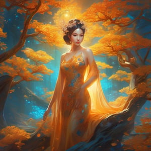 a beautiful full body translucent woman, very cute face, bright color, points of internal light all over the body, amber and blue  style light, complex illustration, Mysterious, translucent dress, no wings,bonsai, great angular, 