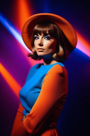 60's Vintage photo of beautiful cowboy shot of French girl with retro 60's short hair chanel cut style wearing dress RETRO psychedelic graphic colorful mini dress, (model posing body  to side looking to camera hands on face:1.5),  (no illumination from front:1.5), (illuminated from 
 left back of strong blue light and orange from right back spotlight:1.5), hyper dramatic low angle camera angle stylish photo, (60's TV's  music show studio background using much smoke machine and spotlights on background:1.5),  purple and blue strong spotlights lens flare on backgroung, (the camera dutch angle:1.5), photo use  wide angle 14mm focal distance, aperture 2.8, deep of filed, bokeh  