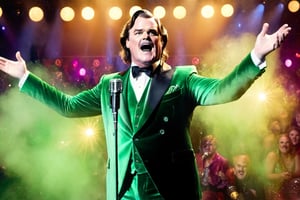 ((masterpiece, HD, 16K, realistic, real life)), 
Kyle MacLachlan face mixed with jack black face, singing in a theater, green smocking dress, ((singing with microphone)), sparkling lighting scene, soft smoke, disco atmosphere, ball of lights, whole body view,