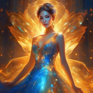 a beautiful full body translucent woman, very cute face, bright color, points of internal light all over the body, amber and blue  style light, complex illustration, Mysterious, translucent dress,