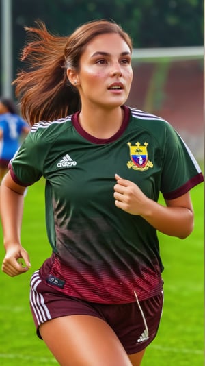 ((masterpiece)), (best quality), (cinematic), a model woman with an vinotinto Venezuelan shirt, girl brunette, soccer shorts, ((running through a soccer field)), long brown hair, bangs, medium wide hips, full body, green eyes, freckles on cheeks, wind, detailed face, detailed body, floating particles, (colorful cinematic), (extremely detailed), EpicSky, 4k, 8k, ultra hd, detailed,Makeup,breast massage,ch3ls3a