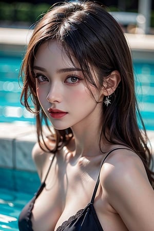 1 young girl, (Best Quality:1.4), 8K resolution, High resolution, (Photorealistic, High resolution:1.4), Raw photo, (Realistic, Photorealsitic:1.37), (Beautiful big breasts:1.1), Gloss on lips, Parted lips, Staring at me, Nose, Realistic, pool, depth of field, face light, (((bokeh))),