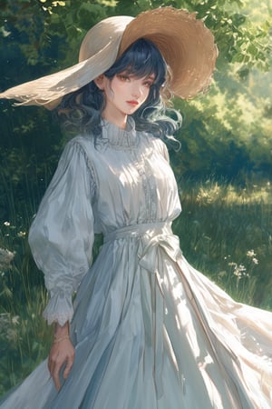A serene summer afternoon unfolds as a discerning woman of 25 steps into the frame, her elegant ensemble harmoniously blending natural fabrics, pastel hues, and refined accessories. The camera frames her in a soft focus, with the warm sunlight casting a flattering glow on her complexion.

The blouse, crafted from linen and cotton, drapes elegantly around her torso, its long sleeves with adjustable cuffs framing her delicate wrists. The classic collar provides a polished appearance, while the frills and lace trims add a touch of romantic charm to the overall design.

The midi skirt flows gently around her legs, its lightweight fabric rustling softly as she moves. A high-waisted design accentuates her waistline, creating a flattering silhouette that showcases her refined features.

A wide-brimmed straw hat sits atop her head, its natural hue and simple embellishments adding a touch of effortless elegance to the overall look. Her small tote bag in white or beige dangles from her shoulder, containing her essentials with understated style.

Sandals made from leather or canvas adorn her feet, their low heels or flat soles ensuring comfort and ease of movement. As she walks, the camera pans down to capture the subtle rustle of her skirt and the soft focus on her face, radiating a sense of serenity and sophistication.