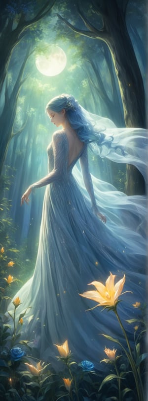 Title: "Whispers of the Moonlit Grove"
Subtitle: A Dance of Elegance and Enchantment

In the realm of dramatic storytelling through art, a scene unfolds with ethereal beauty and whimsical grace. A figure, adorned in a stunning embroidered wedding gown that flows like a gentle breeze, stands amidst a fantasy forest bathed in the soft glow of moonlight. Her hair, a cascade of silk, moves with a delicate sway in the whispering wind, adding a touch of enchantment to the surreal setting.

In her hand, she holds a single rose, its petals a vibrant crimson against the backdrop of the moonlit grove. The rose, a symbol of love and passion, radiates a sense of fragility and beauty, mirroring the delicate nature of the scene unfolding around her. Each petal seems to capture a fragment of the moon's luminous glow, casting a spell of wonder and mystery over the entire composition.

The forest background, shrouded in a veil of moonlight, is a tapestry of shadows and light, a dance of contrasts that adds depth and dimension to the scene. The ink splatter effect, like a stroke of artistic genius, creates a sense of magic and intrigue, with ink droplets swirling and coalescing to form delicate flower petals that seem to bloom before the viewer's eyes.

As the figure stands in the moonlit grove, surrounded by the ephemeral beauty of nature's embrace, a sense of peace and serenity washes over the scene. The interplay of light and shadow, of movement and stillness, creates a harmonious balance that speaks to the soul and stirs the imagination.

"Whispers of the Moonlit Grove" is a visual symphony of elegance and enchantment, a testament to the power of art to transport us to realms of beauty and wonder. Through its intricate details and dreamlike ambiance, it weaves a tale of love and magic, inviting the viewer to step into a world where dreams and reality mingle in a dance of light and shadow. In this enchanting masterpiece, the figure in the embroidered wedding gown stands as a beacon of grace and beauty, her presence a reminder of the transcendent power of art to touch the heart and inspire the spirit.