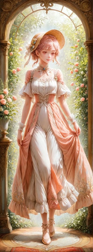 Title: "Regency Reverie"

Subheading: "A Tale of Elegance and Romance"

In the realm of artistic allure, a vision unfolds – a scene straight out of a countryside charm reminiscent of a Jane Austen novel. The setting is a delicate dance of drama and joy, where sweetness and happiness intertwine in a tableau of beauty and grace. 

The central figure, a portrait of Regency elegance, is adorned in a lightweight empire-waist dress in soft pastel hues that harken back to the romantic era of Jane Austen. The dress, a nod to a bygone time, exudes a sense of refinement and sophistication that transports the viewer to a world of genteel manners and courtly romance.

Ribbons and bows adorn the ensemble, delicate embellishments that add a touch of Regency charm. They are tied skillfully around the waist or woven into the hair, creating a whimsical and romantic air that captures the essence of the early 19th century's fashion sensibilities.

Completing the ensemble is a bonnet or a straw hat adorned with flowers, a flourish that echoes the sartorial elegance of the Regency era. The headpiece, a symbol of femininity and grace, sits atop the figure's head like a crown, adding a touch of nostalgia and elegance to the overall look.

For footwear, lace-up ballet flats in a coordinating color are chosen, offering both style and comfort while staying true to the Regency aesthetic. The delicate shoes, a perfect fusion of practicality and elegance, enhance the overall silhouette and add a touch of modern flair to the historically inspired ensemble.

A simple cameo brooch adorns the bodice, a subtle yet striking detail that reflects the understated elegance of the Regency period. The brooch, a symbol of refinement and taste, adds a touch of sophistication to the attire, completing the picture of grace and beauty.

Authored by kyo8sai, this magnificent creation stands as a testament to the artist's creative prowess and was brought to life on 2024-09-17.The painting is signed 'kyo8sai' on the edge.

In this scene of Regency Reverie, where elegance meets romance, the figure stands as a muse of refined beauty and timeless grace. The ensemble, a tribute to a bygone era of elegance and refinement, captures a moment of serenity and sophistication, evoking the essence of a Jane Austen novel brought to life in a visual symphony of beauty and charm.
(art nouveau style(The Law of Symmetry,golden ratio (approx. 1.6180339887)):1.1),(pastel red color theme:1.4),