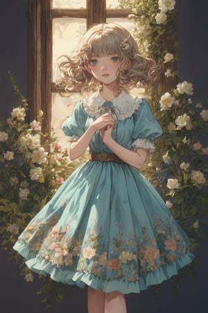 In Whispers of Vintage Serenity, a young anime girl embodies nostalgia and elegance. She wears a vintage-inspired puff sleeve shirt dress with pastel floral print, cinched at the waist by a fabric belt featuring a small bow. Her silver-braided hair cascades down her back, framing her face. A pearl-buttoned Peter Pan collar and classic Mary Jane flats complete her outfit. A bouquet of flowers intertwined with her hair adds whimsy. In her right hand, she holds a miniature satchel with floral embroidery, matching the flowers. Framing the scene is a soft, muted background bathed in warm, dramatic lighting.,Anime girl