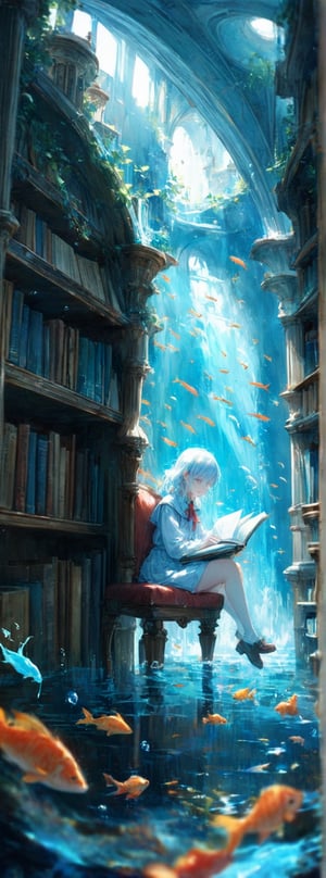 Title: "Subaquatic Serenity"

Subtitle: "A Tale of the Deep Library"

In a whimsical underwater world where imagination knows no bounds, an exquisite illustration unfolds, capturing a dramatic and enchanting scene that evokes a sense of sweetness and joy. At the heart of this fantastical setting sits a beautiful high school girl, her medium white hair billowing gently in the currents as she peruses a book in the depths of a unique library beneath the sea.

The girl, a vision of youth and innocence, is clad in a sailor uniform that harkens back to a bygone era, a red ribbon tied delicately around her neck adding a pop of color to her ensemble. Her loafers, practical yet stylish, hint at a sense of adventure as she immerses herself in the world of literature amidst a school of vibrant fish that dart and swirl around her in a mesmerizing dance.

As the girl sits upon an antique chair that seems to have been plucked from the pages of history, the library around her comes to life in a riot of colors and textures. Books line the shelves, their pages fluttering in the gentle currents, while schools of fish weave in and out of the bookcases, their scales shimmering in the soft glow of underwater light. The atmosphere is one of serenity and tranquility, a haven of knowledge and wonder hidden beneath the waves.

The underwater setting adds a touch of fantasy to the scene, transforming the mundane act of reading into a magical experience. The girl's expression is one of quiet contemplation and joy, her eyes alight with curiosity and wonder as she delves into the pages of her book, lost in a world of adventure and imagination that knows no bounds.

As the key visual of an anime brought to life, "Subaquatic Serenity" captures the essence of a world where the boundaries between reality and fantasy blur, where the ordinary becomes extraordinary in the most unexpected of places. The merging of the girl's innocence and the enchanting underwater setting creates a tableau that is both captivating and heartwarming, inviting the viewer to lose themselves in a world of beauty and magic.

In this tale of the deep library, the girl and her aquatic companions exist in a state of harmony and grace, their presence a testament to the power of imagination and the joy of discovery. As she turns the pages of her book, surrounded by the wonders of the underwater world, she embodies a sense of peace and contentment that resonates with the soul, a reminder of the beauty that lies beneath the surface of even the most ordinary of places.