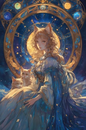 Title: "Whispered Secrets of the Celestial Felines" In this enchanting masterpiece titled "Whispered Secrets of the Celestial Felines," we are transported to a realm where elegance and cosmic wonders intertwine. The artwork features a young girl adorned with cat ears, dressed in a ruffled dress adorned with bows, as she embarks on a captivating journey through a starlit animal sanctuary. The girl stands amidst a breathtaking landscape, where the celestial and earthly realms merge harmoniously. Her presence, with the whimsical cat ears and a dress inspired by Art Nouveau, emanates grace and allure, perfectly complementing the ethereal atmosphere that envelops her. The scene unfolds beneath a dazzling night sky, adorned with celestial wonders. Intricate geometric patterns and zentangle motifs weave through the air, paying homage to the beauty of Art Nouveau. The night sky becomes a tapestry, showcasing the mystical constellations of feline forms, depicting the graceful cats that dwell among the stars. Within this celestial menagerie, the girl's gaze is drawn to a celestial telescope, inviting her to explore the secrets of the cosmos. With a sense of wonder and curiosity, she peers through the telescope, her eyes filled with awe. The telescope becomes a portal to celestial realms, inviting viewers to join her in a journey of astronomical discovery. As she immerses herself in the night sky, the moon radiates an ethereal glow, casting its enchanting light upon the nocturnal landscape. Its mystical presence adds an aura of wonder and magic, enhancing the allure of the scene. The girl finds herself in a serene campsite amidst a grassy plain, illuminated by the warm glow of lanterns. The campfire crackles, casting flickering shadows that dance upon the elegant Art Nouveau-inspired elements of the surroundings. The air is filled with tranquility, inviting contemplation and a connection with nature. The art style employed in this masterpiece draws inspiration from the Art Nouveau movement, paying tribute to the iconic style of Alphonse Mucha. The intricate details, flowing lines, and organic forms captivate the eye, creating a harmonious blend of elegance and cosmic whimsy. "Whispered Secrets of the Celestial Felines by kyo8sai 2024-06-15" invites viewers to embrace the beauty of the night sky and the enchantment of nature. The girl, with her cat ears and graceful presence, becomes a conduit for our own sense of wonder and exploration. This artwork captures the essence of a dreamlike tableau, where the celestial and artistic realms intertwine, whispering the secrets of the celestial felines and inviting us to embark on a mystical journey through the stars.
