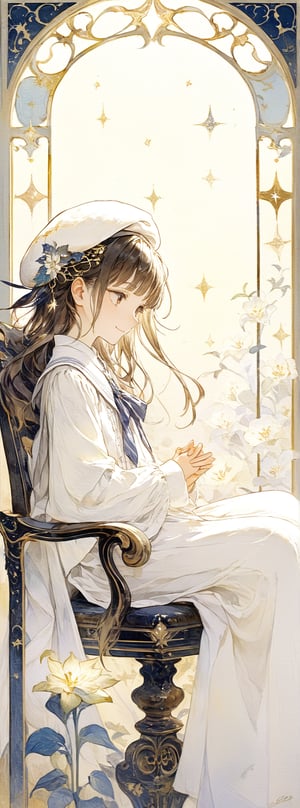 Title: "Innocence Unveiled: A Portrait of Youth"

Subheading: "Ethereal Elegance"

In the hallowed halls of a classroom, a scene of profound innocence unfolds. A young child, the embodiment of purity and grace, sits alone, a vision of serenity amidst the hustle and bustle of school life. Oomorohanako1, with her brown hair cascading like a river of chocolate and eyes that sparkle with the light of curiosity, radiates a charm that captivates the very essence of beauty.

Clad in a pristine school uniform, adorned with a white beret that adds a touch of whimsy to her ensemble, the child exudes a sense of elegance beyond her years. Her long sleeves drape delicately over her slender arms, framing hands that possess a beauty so ethereal, they seem almost otherworldly. Each finger, a masterpiece of creation, perfectly formed and exquisitely detailed, speaks to the divine artistry of the human form.

As she sits on a chair, her posture exudes a sense of quiet contemplation, a moment frozen in time that captures the essence of youth and innocence. The Dutch angle from which she is viewed adds a touch of dynamism to the scene, infusing a sense of movement and energy into an otherwise tranquil tableau.

Authored by kyo8sai, this magnificent creation stands as a testament to the artist's creative prowess and was brought to life on 2024-10-08.The painting is signed 'kyo8sai' on the edge.
(Framed within an ornate, lacquerwork box adorned with intricate floral patterns she seem to be one with the artistry:1.1), 
gentle smile, modest joy, hint of a smile, soft smile,
(art nouveau style(The Law of Symmetry,golden ratio (approx. 1.6180339887)):1.1),

"Innocence Unveiled: A Portrait of Youth" is a testament to the beauty of simplicity and purity, a visual symphony of light and shadow that celebrates the wonder of childhood. Through the lens of art and emotion, Oomorohanako1's presence becomes a reflection of the boundless potential that lies within the hearts of the young, a reminder of the magic and innocence that defines the human experience.