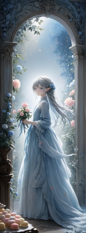 (pastel blue color theme:1.4),
Title: "Enchanted Elegance in the Rose Garden"

In the realm of visual storytelling, a detailed and intricate scene unfolds, blending elements of Art Nouveau and the whimsical style of William Morris, all brought to life in an ultra-realistic masterpiece. The central figure, a single girl with a silver braid in her hair adorned with a delicate ribbon, exudes a sense of grace and charm as she gazes directly at the viewer with a subtle smile playing on her lips.

The setting surrounds her in a dreamlike atmosphere, with a mini flower garden as the backdrop, creating a soft and ethereal ambiance. Delicate lace curtains gently sway in the cinematic lighting, casting a mesmerizing glow over the scene. The girl's hair is embellished with flowers, each petal rendered in a watercolor style with soft blending and fluid colors that evoke a sense of organic beauty and depth.

As she stands amidst the floral splendor, the room she inhabits is a vision of pink and gothic elegance, with a touch of whimsy. The space is adorned with miscellaneous goods scattered in an artful mess, reminiscent of a fairy tale setting. A dresser with an antimacassar holds precious trinkets, adding to the charm and mystery of the room.

In contrast to the girl, a silver-haired elf boy is depicted in a full-body shot, standing with an air of enchantment in a dollcastle adorned with stars, flowers, and gems. The room itself is filled with pink and red roses, macarons, and an array of cute and sweet items, bathed in a pastel light that adds a soft and gentle glow to the surroundings.

The scene is imbued with a sense of whimsy and fantasy, with a character sheet style that enhances the playful and charming nature of the artwork. The flat colors and cute illustrations bring a sense of innocence and joy to the composition, evoking a feeling of childlike wonder and magic.

Authored by kyo8sai, this magnificent creation stands as a testament to the artist's creative prowess and was brought to life on 2024-08-12.The painting is signed 'kyo8sai' on the edge.

In this enchanting masterpiece, the delicate balance of elegance and sweetness is captured in a harmonious blend of intricate details and whimsical charm. The rose garden setting, with its ethereal lighting and dreamy atmosphere, invites the viewer to step into a world of beauty and fantasy, where every detail is crafted with care and artistry to evoke a sense of wonder and delight.
