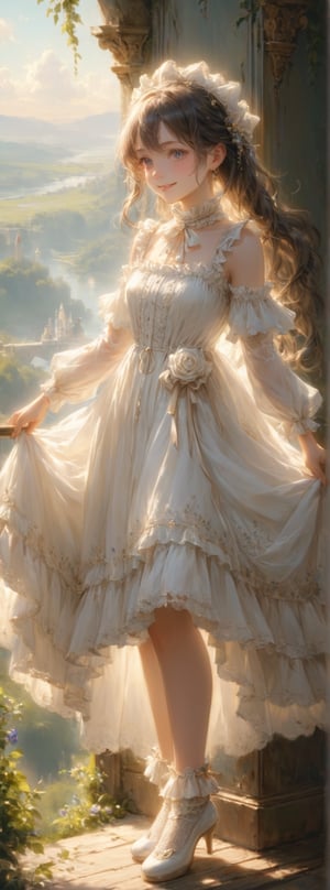 Title: "Whimsical Elegance"

Subtitle: "A Symphony of Frills and Lace"

In a picturesque setting that seems plucked from a fairy tale, a maiden adorned in a resplendent dress adorned with an abundance of frills, ribbons, and delicate lace captures the essence of whimsical elegance. Her attire is a symphony of textures and details, each element meticulously chosen to enhance her ethereal beauty and grace.

The maiden's dress, a vision of opulence and charm, features layers of frills and ribbons that cascade like gentle waves, creating a sense of movement and fluidity. The intricate patterns of lace that adorn the fabric add a touch of delicacy and sophistication, imbuing the dress with a sense of timeless beauty.

Completing her ensemble is an apron that ties at her waist, adding a touch of innocence and purity to her look. A headdress perched atop her head exudes a regal air, its intricate design complementing the overall theme of elegance and refinement. Beneath her dress, a voluminous pannier supports a long petticoat, giving her silhouette a graceful and statuesque quality.

The maiden's wrists are adorned with cuffs that match the lace of her dress, adding a sense of continuity and harmony to her outfit. Around her neck, a collar embellished with a bow adds a playful touch to her attire, while her feet are clad in platform shoes that elevate her stature and lend a sense of grandeur to her presence. Lace ruffle socks peek out from the tops of her shoes, adding a whimsical touch to her ensemble.

As the maiden moves through this enchanted scene, her dress billowing around her like a cloud of dreams, she embodies a sense of grace and beauty that is both enchanting and captivating. The interplay of light and shadow accentuates the intricate details of her attire, creating a tableau of elegance and refinement that is both dramatic and alluring.

Authored by kyo8sai, this magnificent creation stands as a testament to the artist's creative prowess and was brought to life on 2024-09-19.The painting is signed 'kyo8sai' on the edge.

In this moment of whimsical elegance, the maiden stands as a vision of grace and beauty, a symbol of purity and charm in a world filled with wonder and delight. Her attire, a masterpiece of frills and lace, speaks to a sense of romance and fantasy, evoking a sense of joy and serenity that resonates with the heart and soul. As she moves through this dreamlike landscape, she carries with her an air of magic and mystery, a beacon of light and beauty in a world touched by enchantment.


//smile 
Smile warmly,Offer a gentle smile,Give a kind, benevolent smile,Bestow a soft, affectionate smile,Wear a serene, welcoming smile,Flash a compassionate, tender smile,Beam a gracious, caring smile,Radiate a sweet, approachable smile,Exude a friendly, good-natured smile,Convey a pleasant, inviting smile,