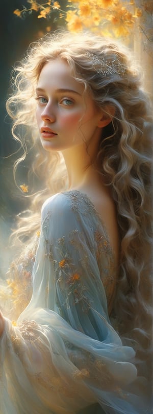 Title: "Ethereal Radiance"

In a realm suffused with the gentle glow of sunlight, a young woman graces the scene, her presence a vision of ethereal beauty. She is adorned in a gown that shimmers with an iridescent quality, like a cascade of stardust captured in fabric, reflecting the light in a mesmerizing dance of hues.

Her hair cascades in soft waves, framing her face with an elegance that rivals the gentle caress of a summer breeze. Intricate floral embellishments adorn her tresses, weaving a tapestry of nature's delicate touch into her appearance.

The young woman's visage is a canvas of soft pastels, her makeup applied with a skill that enhances her natural beauty without overshadowing it. The hues highlight her delicate features, accentuating the curve of her cheekbones, the arch of her brows, and the softness of her lips.

As she stands in this enchanting setting, the sunlight plays upon her gown, casting a myriad of colors that seem to shift and change with every movement. The scene exudes a dreamy quality, as if the very air around her is infused with magic and wonder.

In "Ethereal Radiance," the young woman embodies a sense of grace and serenity, her presence a testament to the beauty that lies within and without. The artwork captures a moment frozen in time, a glimpse of a world where light and shadow dance in harmony, and beauty is found in the simplest of details.

Authored by kyo8sai, this magnificent creation stands as a testament to the artist's creative prowess and was brought to life on 2024-08-25.The painting is signed 'kyo8sai' on the edge.

This portrait is a celebration of the delicate balance between strength and fragility, between light and shade, creating a vision that is at once captivating and tranquil. In this ethereal setting, the young woman is a beacon of radiance, a symbol of the beauty that resides in the heart of all who behold her.