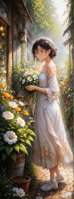 Title: "Petals of Serenity" In the enchanting embrace of the evening light, a 25-year-old woman stands before a picturesque flower shop, a vision of ethereal beauty and grace. Her short, black hair frames her face in delicate waves, accentuating the contours of her features with a touch of mystery. Clad in a flowing white dress that whispers of elegance, she exudes a sense of timeless charm and sophistication. With an aura of adorable innocence that belies her age, the woman gazes serenely at the small potted flower she cradles in her hands. The subtle curve of her glasses adds a hint of intellectual allure to her appearance, while her white socks and sneakers ground her in a sense of playful whimsy. Every detail, from the anatomically correct hands that tenderly hold the flower to the detailed eyes that reflect the world's beauty, is rendered with exquisite precision. The watercolor painting captures the scene with unparalleled clarity and depth, each brushstroke imbued with a sense of wonder and magic. The background, a canvas of intricate details and vibrant colors, transports the viewer to a realm where the ordinary becomes extraordinary. The flower shop itself is a tapestry of blooms and greenery, a sanctuary of nature's beauty that beckons with its fragrant allure. As the woman stands in this cinematic setting, a sense of peace and contentment radiates from her being, enveloping the scene in an aura of tranquility. The evening light bathes everything in a soft, golden glow, casting a spell of enchantment over the surroundings. Authored by kyo8sai, this magnificent creation stands as a testament to the artist's creative prowess and was brought to life on 2024-08-27.The painting is signed 'kyo8sai' on the edge. "Petal of Serenity" invites viewers to immerse themselves in a world where beauty and grace converge, where the simple act of holding a flower becomes a testament to the profound connection between humanity and nature. It is a tribute to the harmonious balance found in moments of quiet contemplation and the timeless allure of the natural world. (OIL Painting:1.4),
