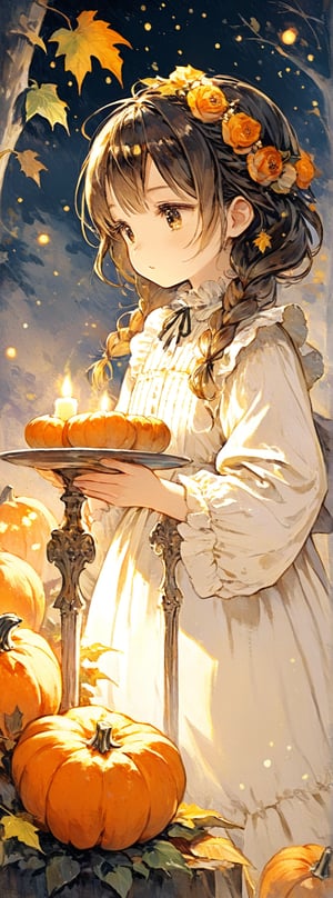 Title: "Harvest Moon Serenade"
Subtitle: "A Sweet Symphony of Autumn Magic"

In the tranquil embrace of an autumn night, a charming chibi anime girl graces the scene, her braided hair cascading in delicate twists. She stands before a table adorned with the bounty of the season, holding aloft two pumpkin pies with a sense of pride and joy. The flickering glow of candles illuminates her features, casting a warm light on her serene expression.

Dressed in a quaint apron that exudes a sense of nostalgia, the girl radiates a sense of innocence and charm. The frills of her apron flutter gently in the crisp night air, adding a touch of whimsy to her ensemble. Her twinkling brown eyes mirror the soft glow of the candles, reflecting the magic of the autumn night that surrounds her.

The table before her is a feast for the senses, adorned with an array of pumpkins and candles that cast dancing shadows across the scene. The warm scent of freshly baked pumpkin pies fills the air, mingling with the sweet aroma of cinnamon and spice. A lone rabbit sits nearby, its curious gaze adding a sense of playfulness to the tableau.

In the background, leaves gently cascade from the trees, their vibrant colors a stark contrast to the darkened sky above. The rustling of the leaves adds a sense of movement to the scene, a whisper of nature's presence in this tranquil moment. The hushed stillness of the night is broken only by the gentle crackle of the candles and the soft rustle of the leaves.

Authored by kyo8sai, this magnificent creation stands as a testament to the artist's creative prowess and was brought to life on 2024-10-02.The painting is signed 'kyo8sai' on the edge.

As the girl stands amidst this tableau of autumn delights, a sense of peace and contentment washes over the viewer. The beauty of the scene is not just in the visual elements, but in the emotions it evokes – a sense of warmth, of togetherness, of gratitude for the simple joys of life. In this moment of serenity, the girl's offering of beauty is a reminder of the magic that can be found in the most ordinary of moments, a celebration of the season's bounty and the joy of sharing it with others.