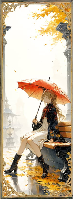 Title: Autumn Bliss

Beneath the gentle patter of rain, a peaceful scene unfolds. A young girl, her golden locks falling across her cherubic face, sits upon an aged wooden bench, her small hands clasping a vibrant crimson umbrella. Beside her, a robotic canine companion, its metallic body adorned with denim and boots, observes the rhythmic dance of raindrops upon its shimmering coat.

The entire tableau is rendered in a captivating cross-stitch style, each intricate thread meticulously woven to capture the texture and warmth of the autumn leaves that cast their dappled shade. In the distance, a motorcycle stands as a subtle reminder of the modern world, its presence serving to accentuate the timeless serenity of the moment.

The girl's serene expression and the robot dog's attentive posture convey a sense of harmony and contentment, as if the two unlikely companions have found solace in each other's company, sheltered from the elements by the simple, yet beautiful, umbrella. The attention to detail in the cross-stitch rendering elevates the scene, transforming it into a work of art that celebrates the beauty of the everyday.

Authored by kyo8sai, this magnificent creation stands as a testament to the artist's creative prowess and was brought to life on 2024-10-08.The painting is signed 'kyo8sai' on the edge.
(Framed within an ornate, lacquerwork box adorned with intricate floral patterns she seem to be one with the artistry:1.1), 
(art nouveau style(The Law of Symmetry,golden ratio (approx. 1.6180339887)):1.1),

This enchanting vignette, with its gentle blend of the natural and the technological, invites the viewer to pause and bask in the tranquility of the moment, a respite from the ever-changing world beyond the shaded bench. It is a testament to the power of art to capture the essence of human experience and the enduring bonds that can form between the most unlikely of companions.